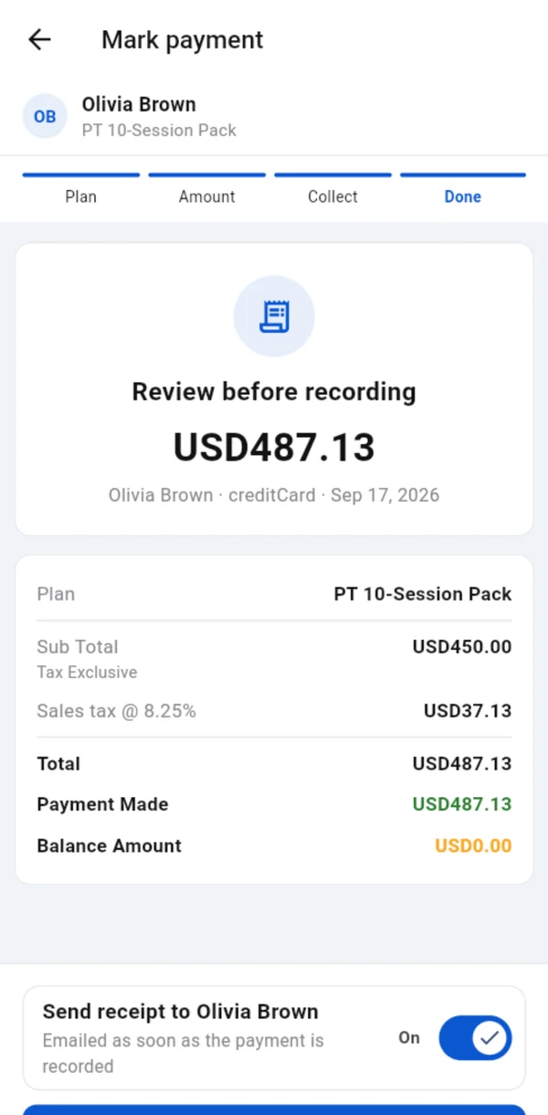 Payment review: USD487.13 for a PT 10-session pack, receipt emailed to the member