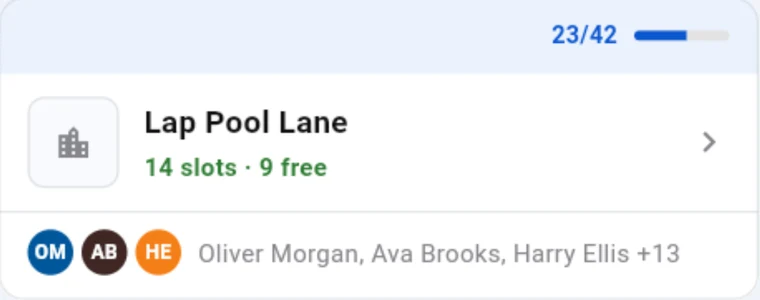 Lap pool lane: 9 slots free